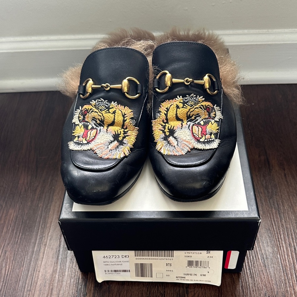 Gucci 10mm Princetown Black Print Leather Mules